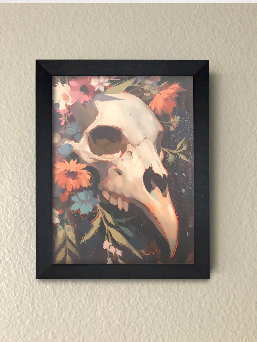 Framed Painted Bird Skull in Flowers Wall Art Print – Floral Gothic Decor